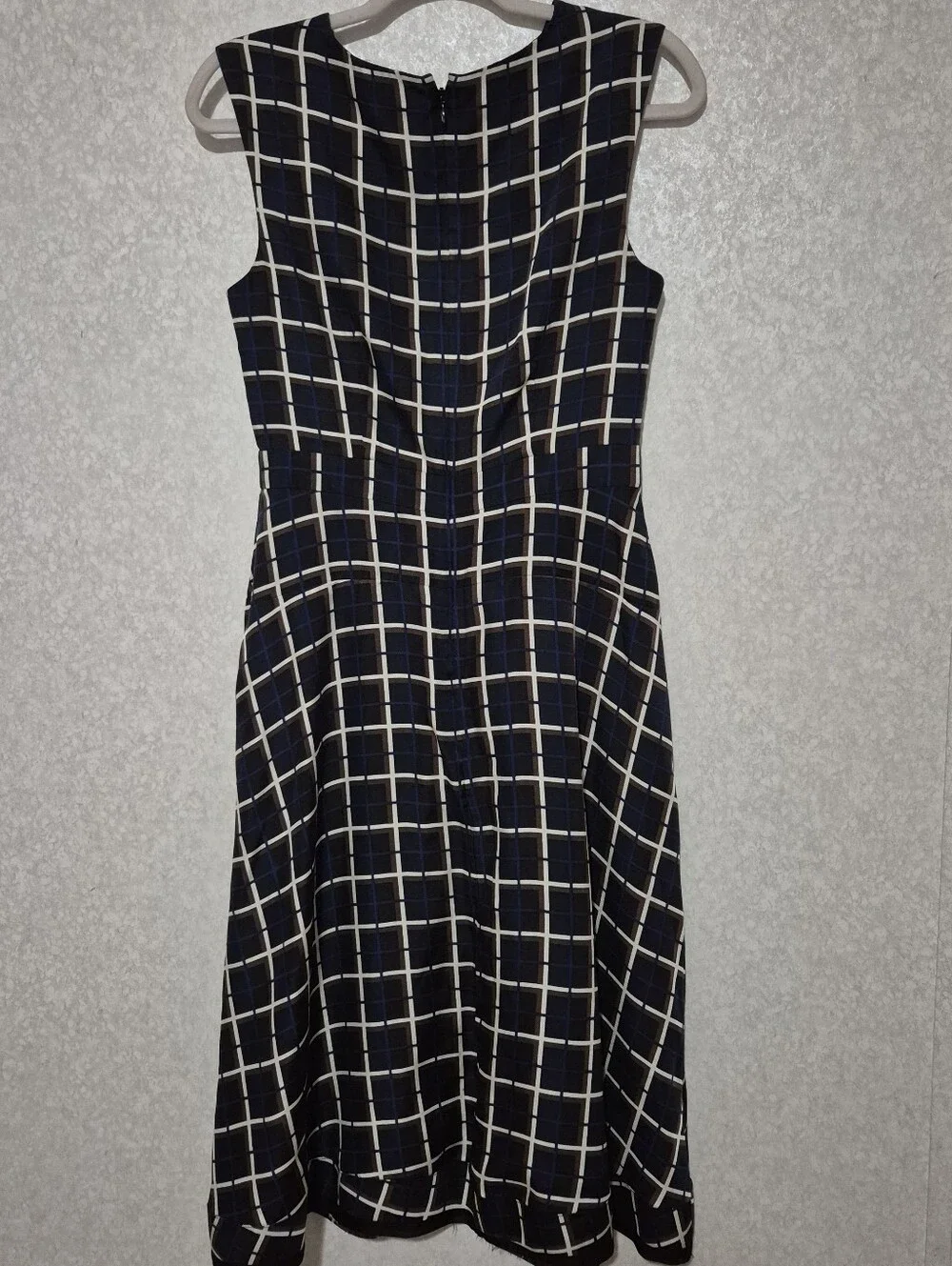 J. Crew Navy and White Windowpane Sleeveless Midi Dress...Size:4 100% Silk